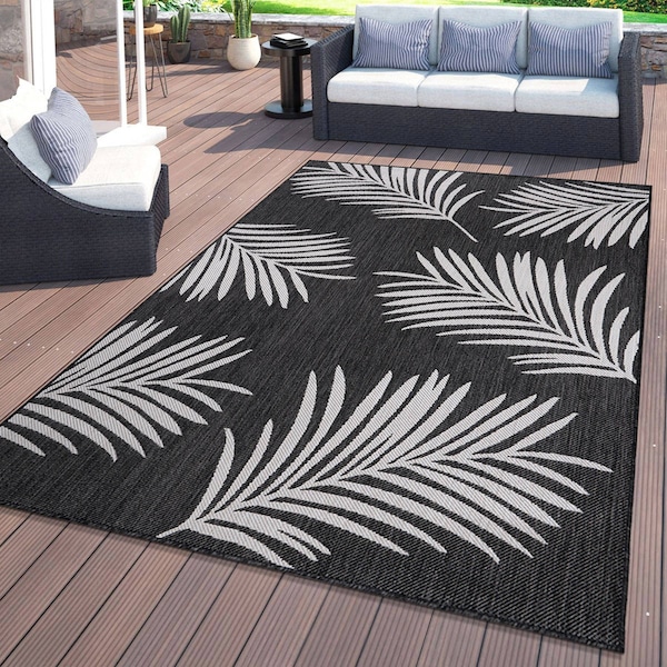 World Rug Gallery Contemporary Palm Leaves Textured Flat Weave Indoor/Outdoor Area Rug 5' X 7' Black 111BLACK5X7 - main